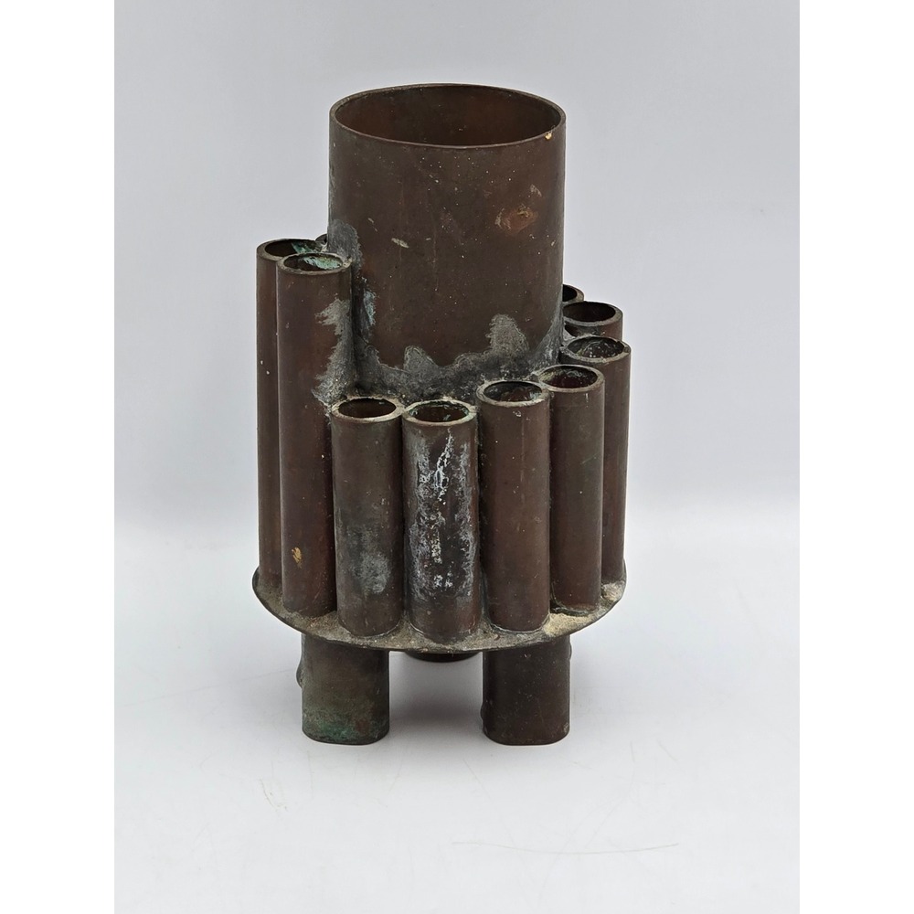 5" Vintage Brutalist Copper Multi-Tube Vase Mid Century Modern Studio Metalware
